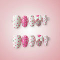 Faux Ongles Press-On Y2K Ovale Court – Pois Blanc & Rose, Strass AB et Nœuds