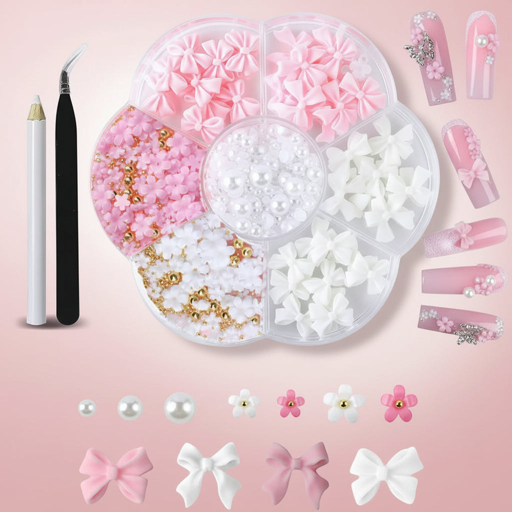 Kit Nail Art 3D – Fleurs, Nœuds & Perles