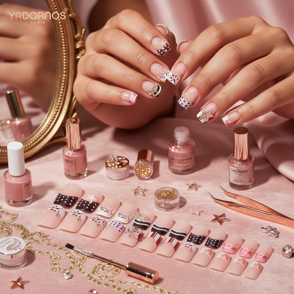 24 Faux Ongles Press-On Style French – Rayures, Pois, Nœuds et Étoiles Argentées